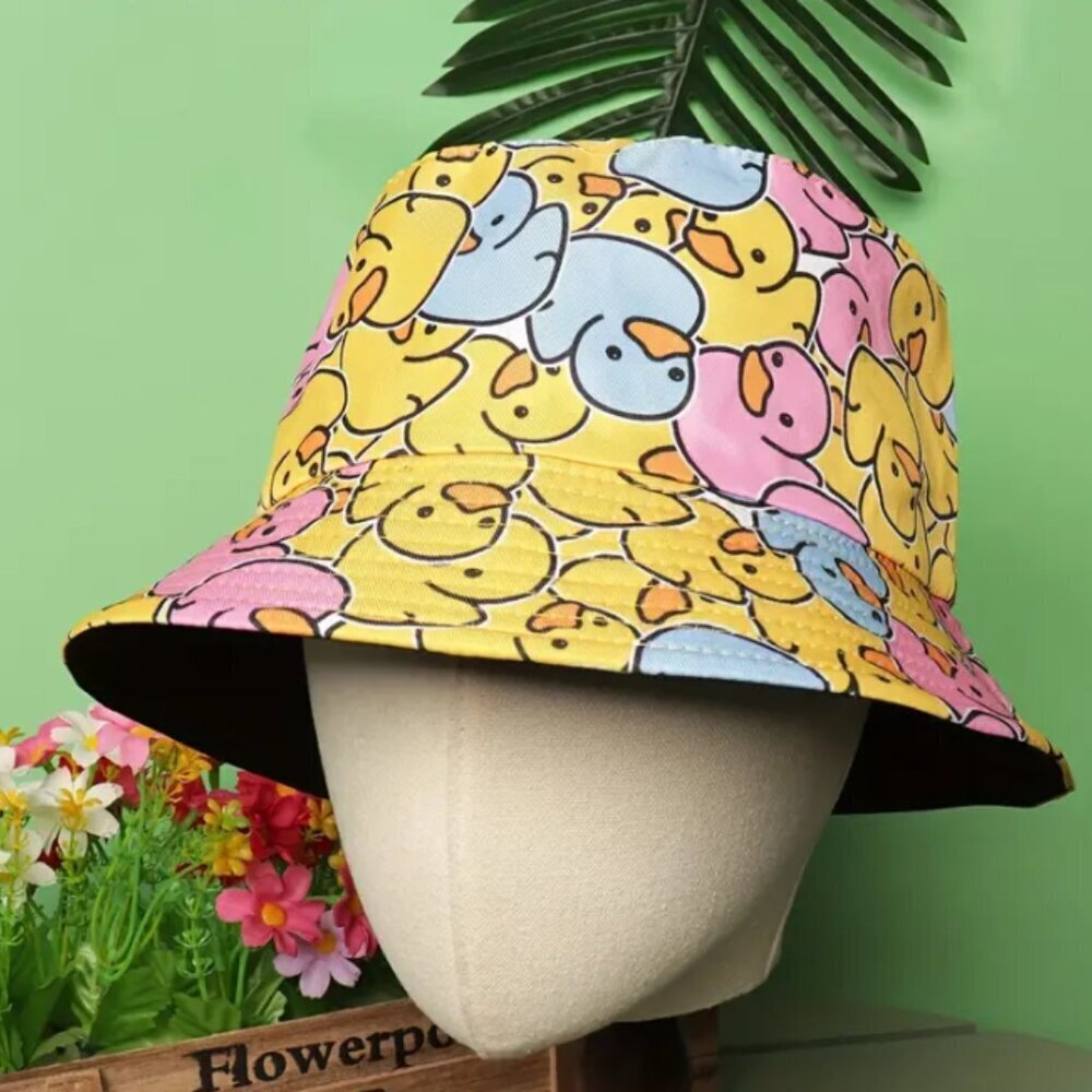 Hat Rubber Ducky Bucket Hat Pink Blue Yellow Reversable NWT